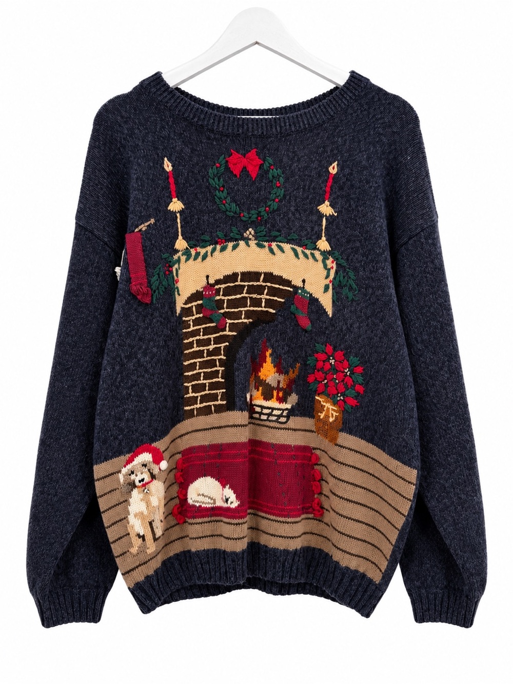 Vintage Northern Treasures Christmas Sweater Large Fireplace Dog Cat Embroidered